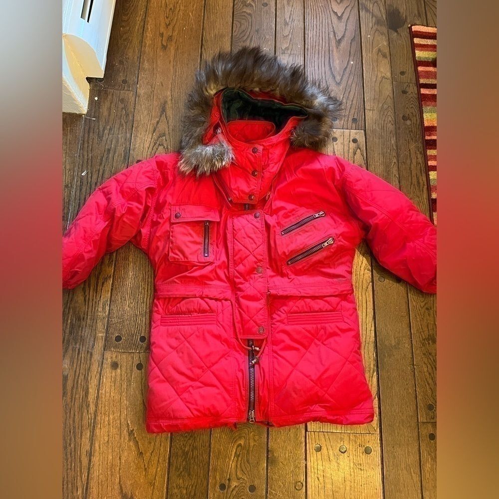 Mulberry Street Outerwear Red Puffy Goose Down Jacket with silver Fox fur Small